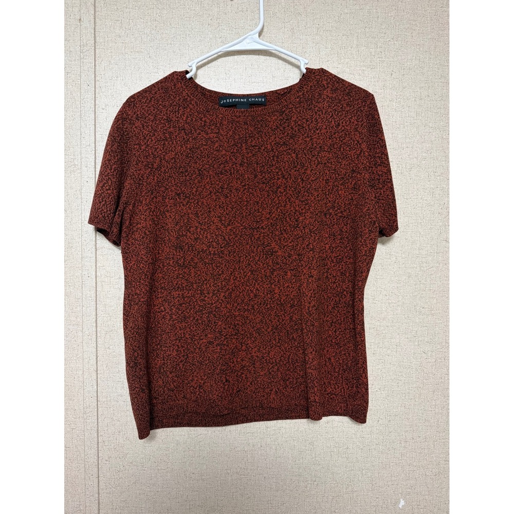 Josephine Chaus Womens Rust Orange Black Marled Knit Short Sleeve Sweater Top L